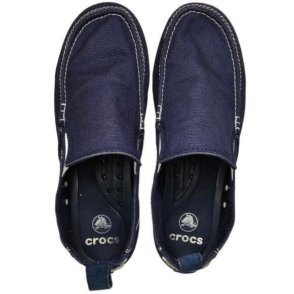 Crocs Boat Shoes Men's Size 8 Slip On Blue Canvas Casual Walu - Picture 4 of 11